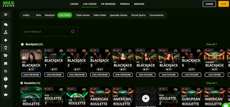 a screenshot of wild casino's live games
