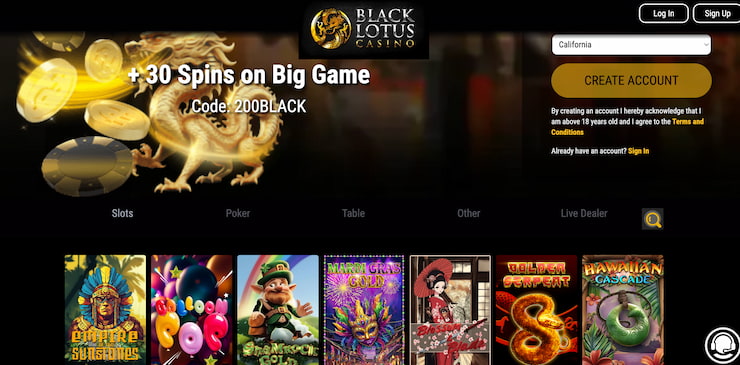 a snapshot of the slots and welcome bonus at black lotus 