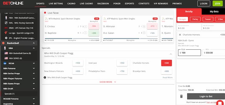 a snapshot of nba draft props at betonline sportsbook