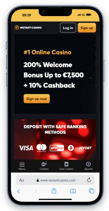 The Instant Casino homepage on mobile.