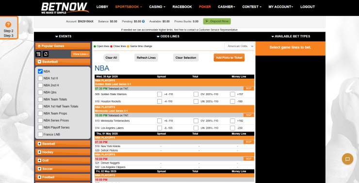 BetNow Florida online sportsbook NBA markets