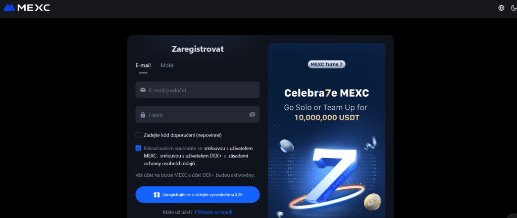 Registrace na platformu MEXC.