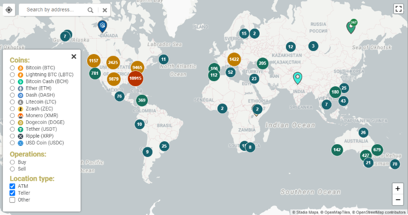 Mapa rozmístění bitcoinmatů.