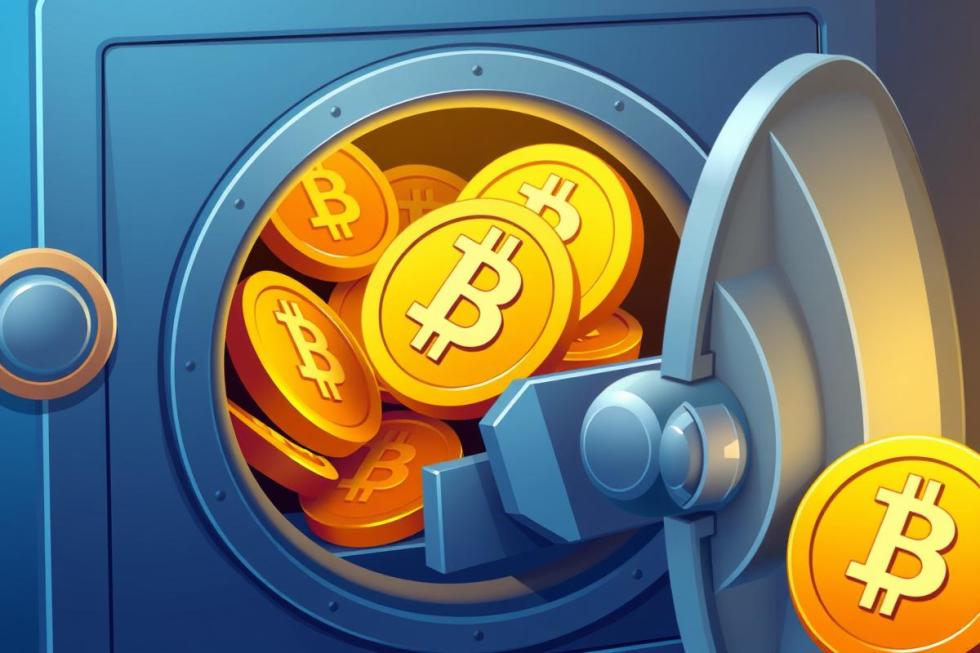 ภาพประกอบดิจิทัลของเหรียญ Bitcoin ที่ถูกเพิ่มเข้าไปในห้องนิรภัย แสดงถึงทุนสำรองที่เพิ่มขึ้นของ Tether