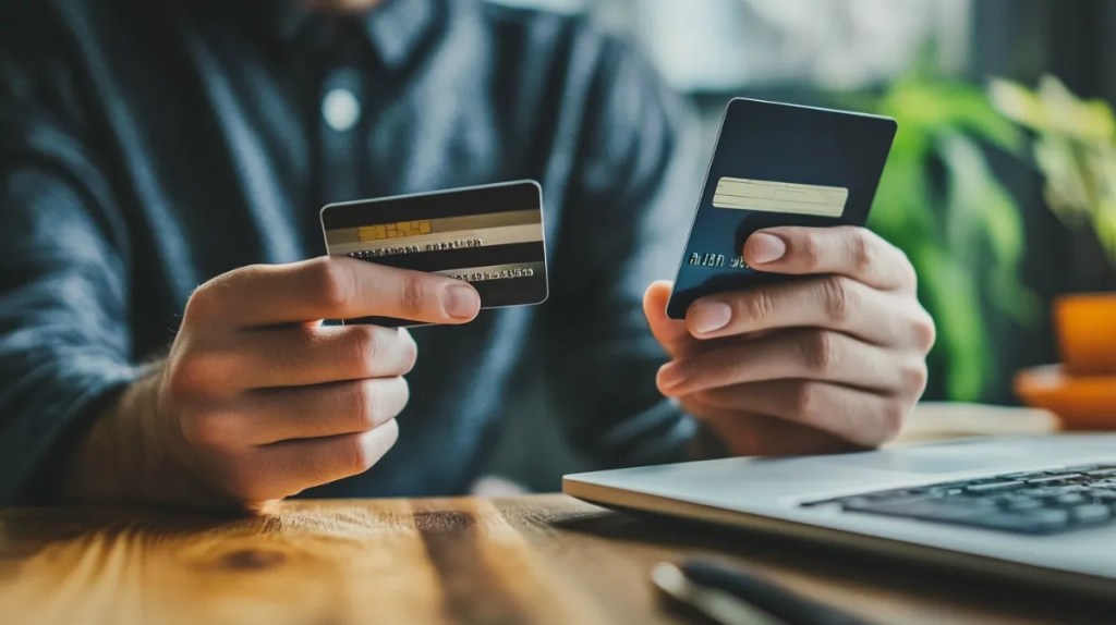 クレジットカードを2枚持つ男性