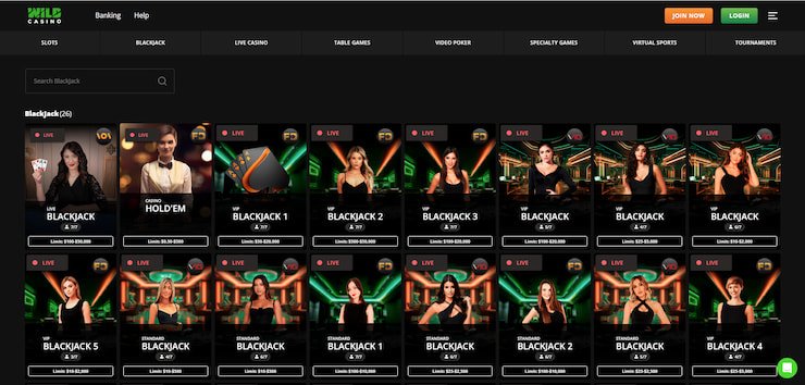 A snapshot showing the live blackjack tables at Wild Casino.