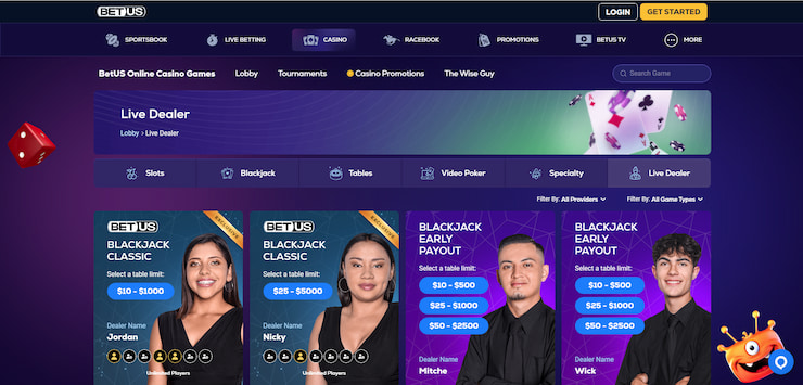 A screenshot showing some of the live blackjack games at BetUS.