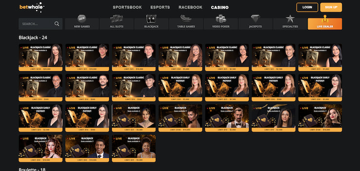 The live blackjack selection at BetWhale Casino.