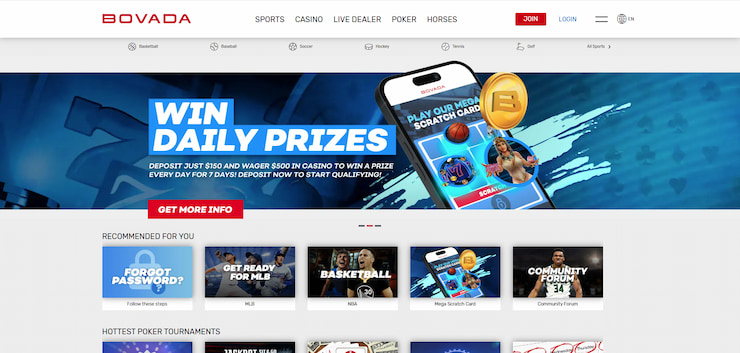 The Bovada homepage, a top-rated Curacao online casino.
