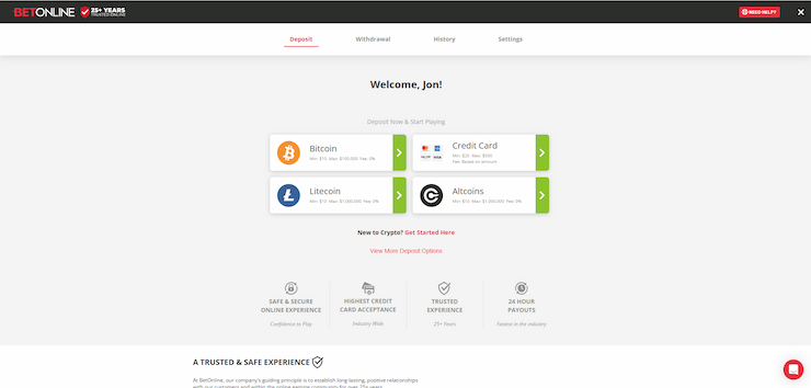 A screenshot showing the deposit methods available at BetOnline.