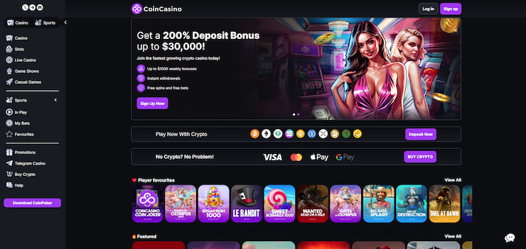A screenshot of the CoinCasino homepage, one of the popular crypto casinos.