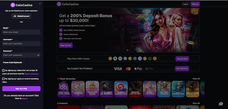 An image showing the registration form on the CoinCasino site.