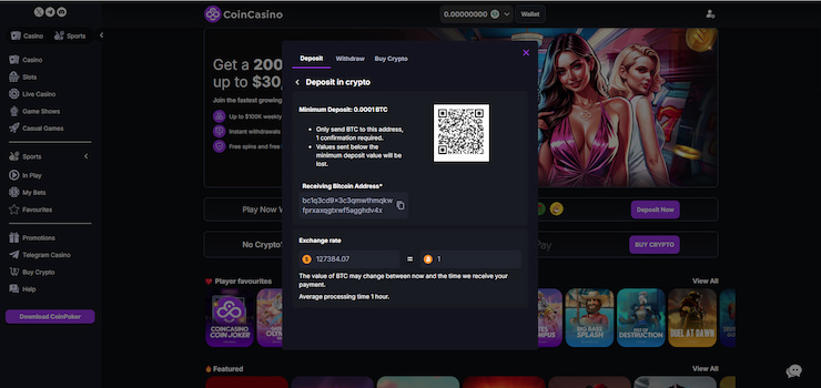 A snapshot showing the deposit page on the CoinCasino site.