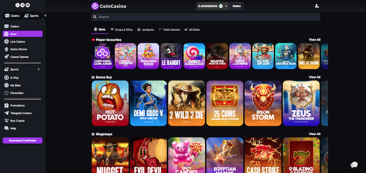 A screenshot showing the slots lobby on the CoinCasino website.