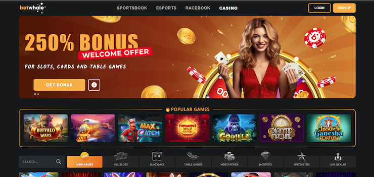 The homepage of the BetWhale Visa casino.