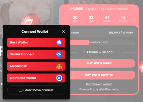 Connect your wallet to the SUBBD token presale widget