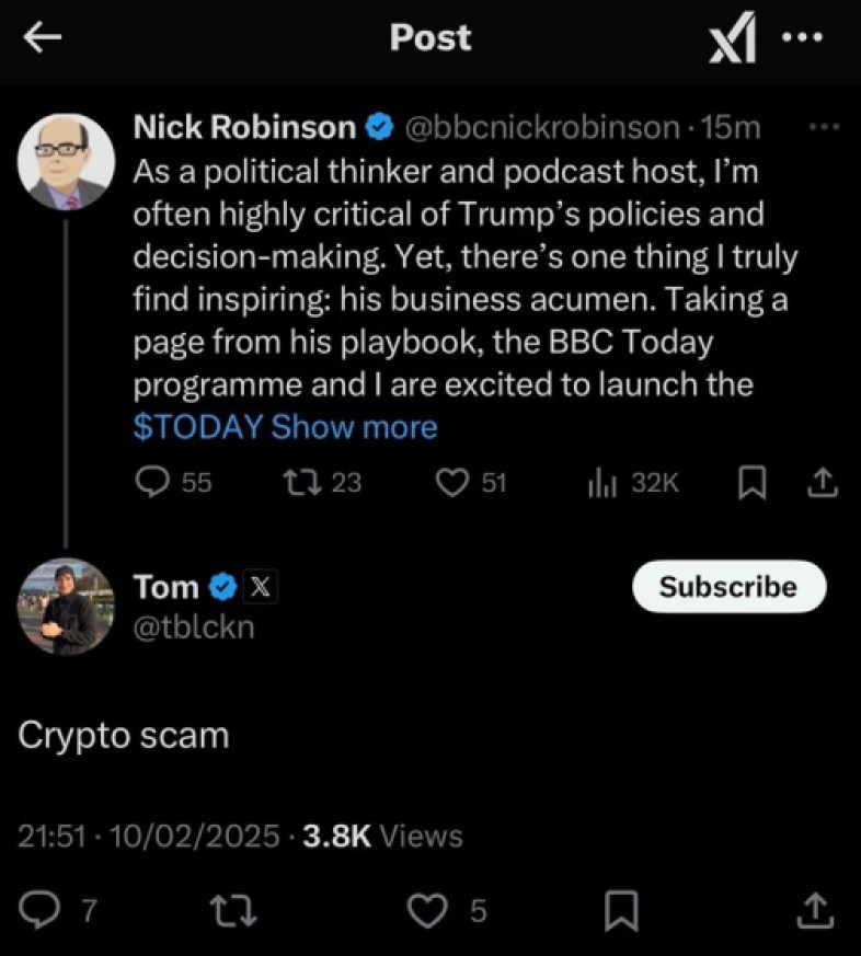 akun X milik jurnalis BBC, Nick Robinson, diretas