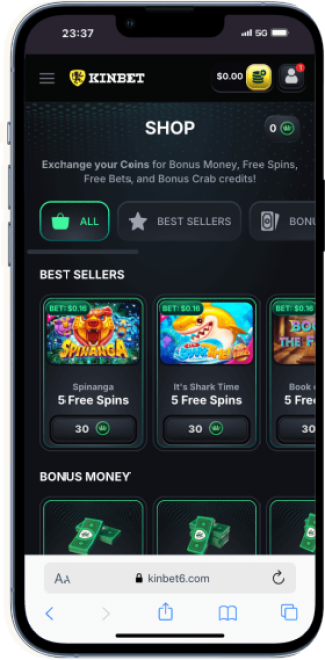 A screenshot of KinBet on mobile casino