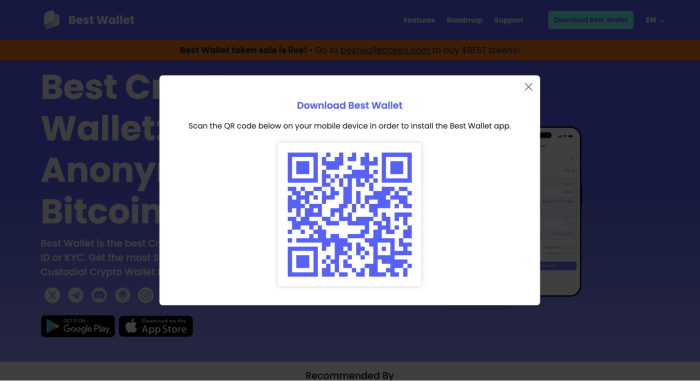 Best Wallet homepage with QR code to download the app.