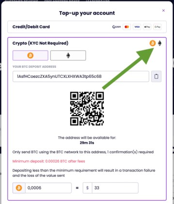 Crypto users can top up their JemLit account with $BTC or $ETH