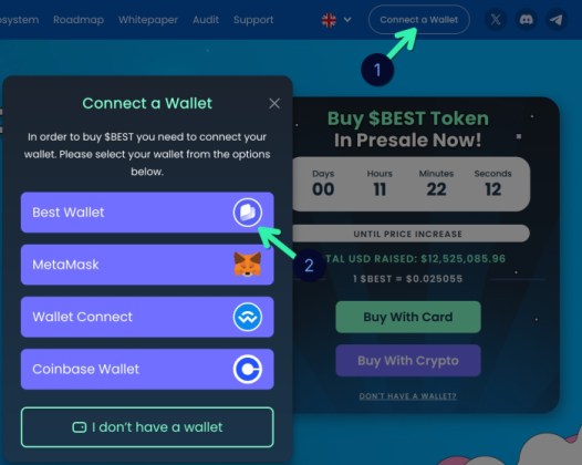 Connecting a wallet to Best Wallet Token presale