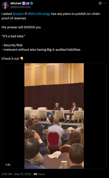 Michael Saylor calls onchain proof-of-reserves a ‘bad idea' post on X. 