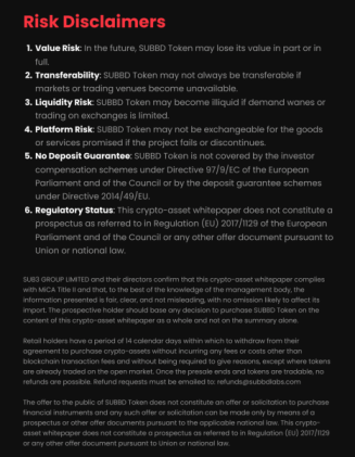 SUBBD Risk Disclaimers From Whitepaper