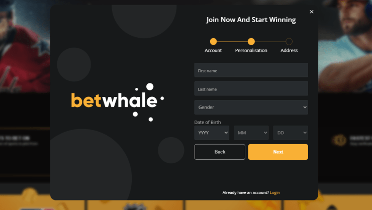 BetWhale sportsbook sign up page