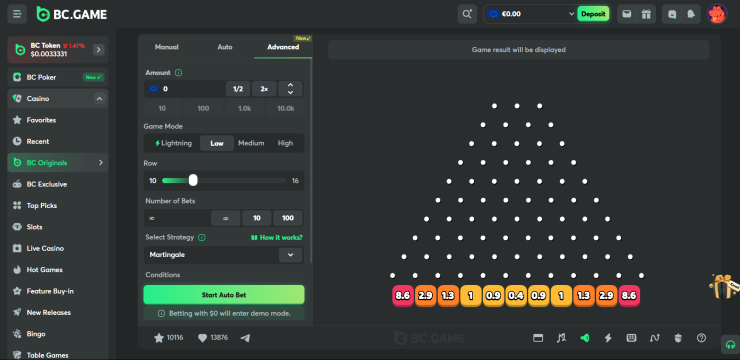 A screenshot of the Plinko key gameplay features at BC.Game