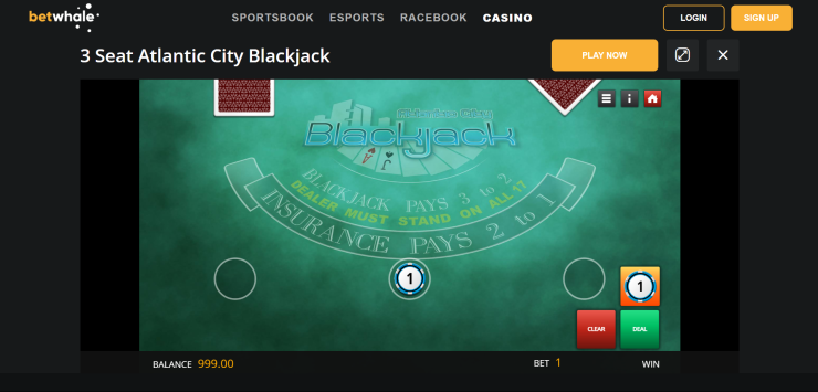 A look at the Atlantic City Blackjack game at BetWhale Casino
