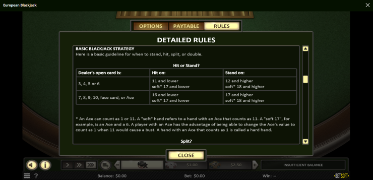 A basic blackjack strategy chart on Wild Casino