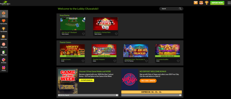 A preview of the Raging Bull Casino lobby