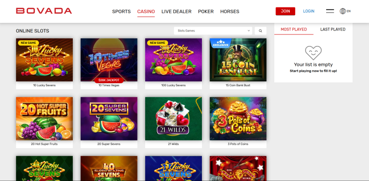 A view of the online slots at Bovada