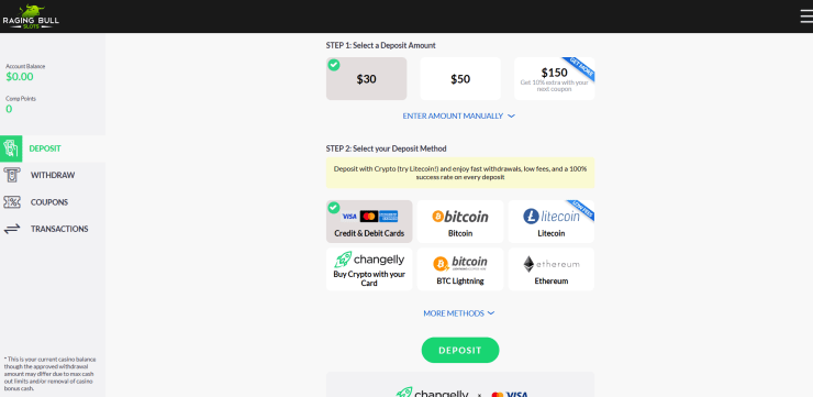 Raging Bull Slots deposit page