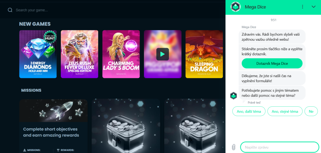 Zákaznická podpora platforma Mega Dice.