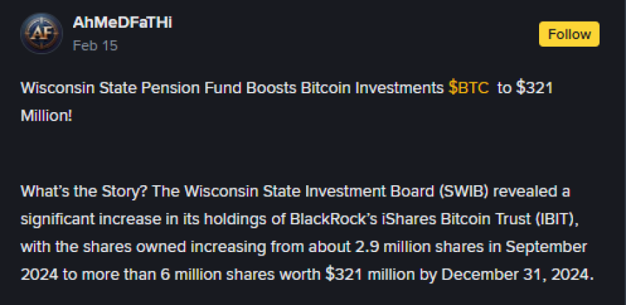 Penzijní fond státu Wscounsin investuje do bitcoinu