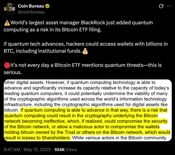 BlackRock adds quantum computing as a risk in its Bitcoin ETF filing. 