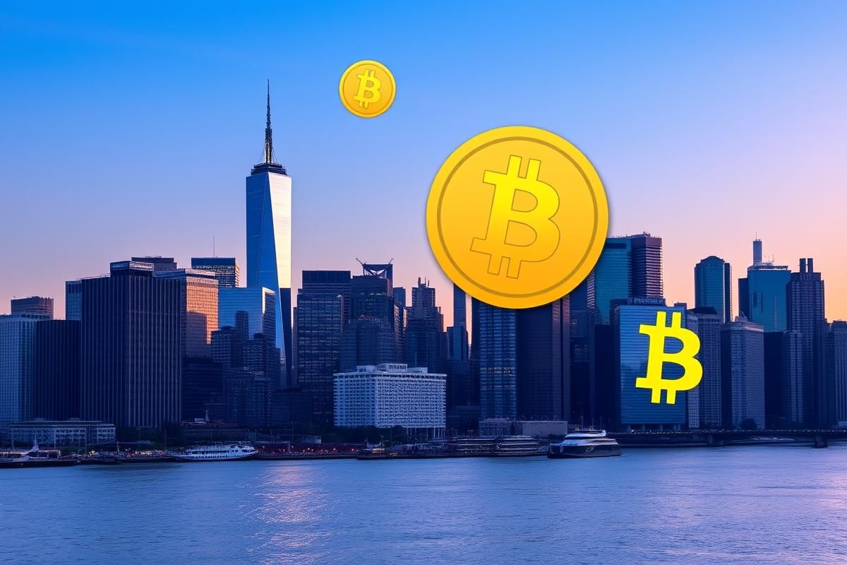 ภาพนิวยอร์กซิตี้กับสัญลักษณ์ Bitcoin และ Blockchain แสดงถึงการสนับสนุนเหรียญ Crypto ของเมือง