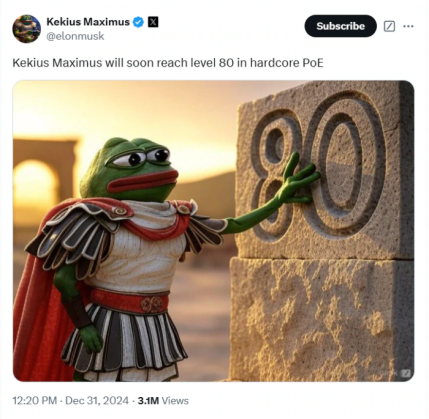 Elon Musk tweeting, changing pvp to Kekius Maximum (a meme coin).