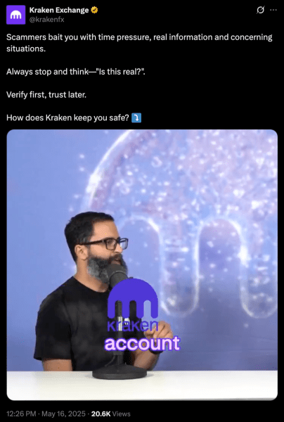 Kraken Exchange post on X about internal policies against hackers