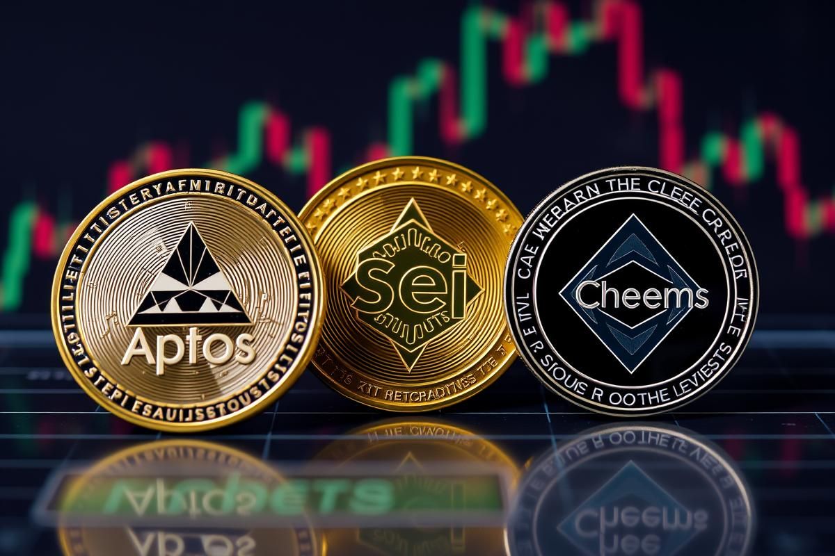 ภาพเหรียญ Altcoin สามเหรียญ ได้แก่ Aptos, Sei และ Cheems บนพื้นหลังกราฟราคาดิจิทัล