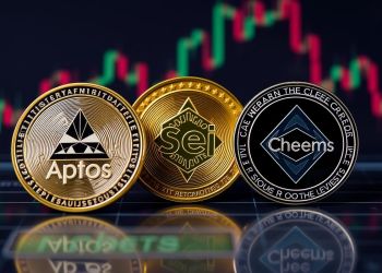 ภาพเหรียญ Altcoin สามเหรียญ ได้แก่ Aptos, Sei และ Cheems บนพื้นหลังกราฟราคาดิจิทัล