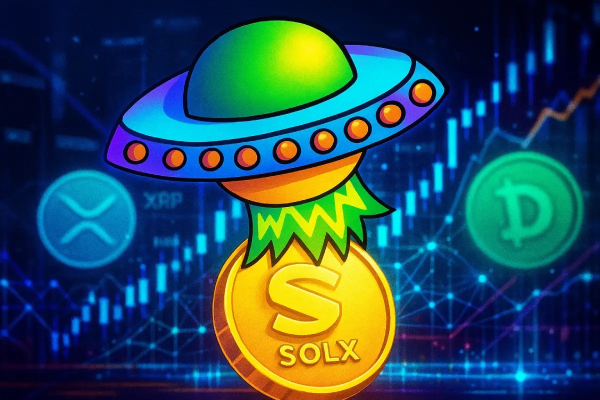 Altcoin Solaxy ($SOLX) prikazan ispred XRP i Dogecoin kovanica, uz prikaz blockchain mreže i digitalnih grafikona.