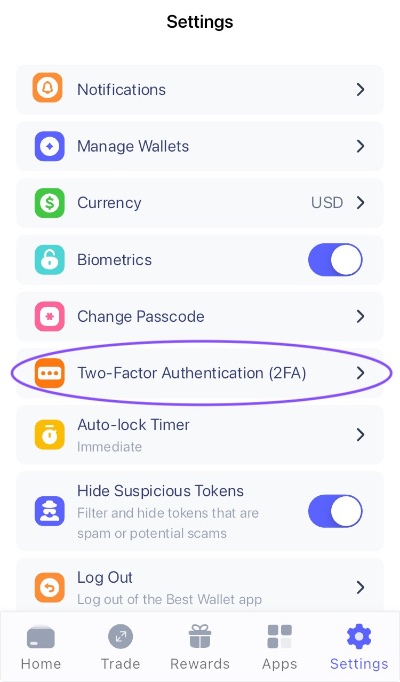 Best Wallet 2FA dvojfaktorová autentifikácia