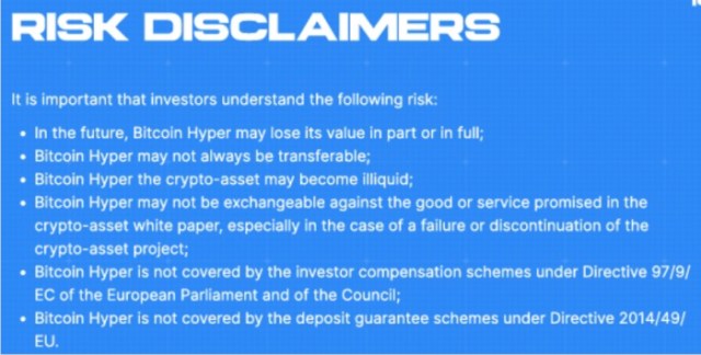 Bitcoin Hyper risk disclaimers
