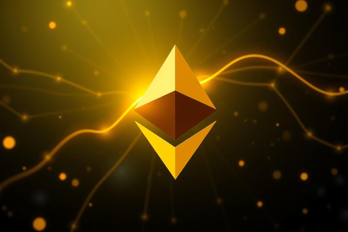 กราฟราคา Ethereum (ETH) พร้อมสัญลักษณ์ Golden Cross ที่กำลังพุ่งขึ้น แสดงถึงแนวโน้มขาขึ้น