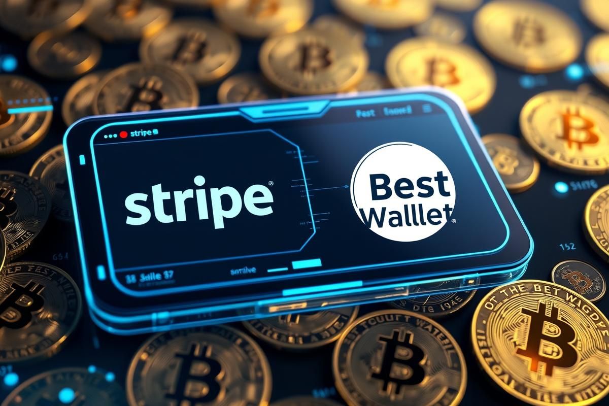 โลโก้ Stripe และ Best Wallet บนพื้นหลังกราฟ Bitcoin ที่พุ่งขึ้น แสดงถึงการเติบโตและการผสานรวมของ Bitcoin