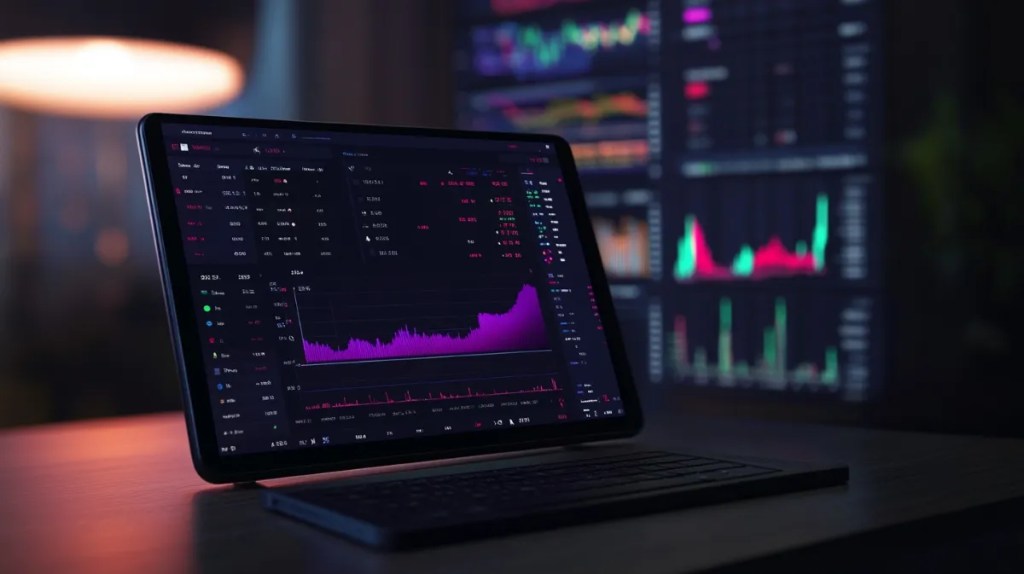 レバレッジ取引をする男性投資家のPC