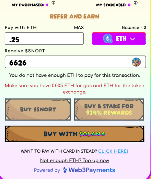 Selecting ‘Pay with ETH’ and entering the amount of 0.25 on official Snorter presale page. 