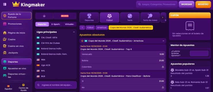 Kingmaker permite hacer apuestas en vivo para todas las eliminatorias sudamericanas